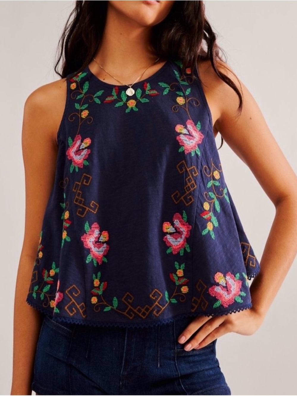 Free People Navy Floral Embroidered Tank Top